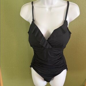 Ralph Lauren Slim Fit w\ underwire Black One-Piece Swimsuit with Ruffle Detail